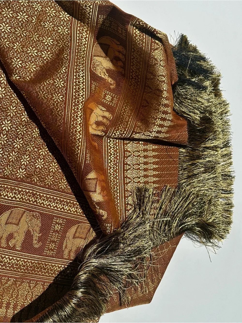 Ornate Indian Brown Gold Elephant Jacquard Throw, Bed Spread 96”x80” Tablecloth